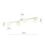Lampa sufitowa 4-punktowa Splendi w białej i złotej kolorystyce. Składa się z prostokątnej, złotej belki o długości 100 cm z czterema białymi, opalizującymi kulami o średnicy 14 cm, montowana na suficie. Wysokość lampy wynosi 20 cm.