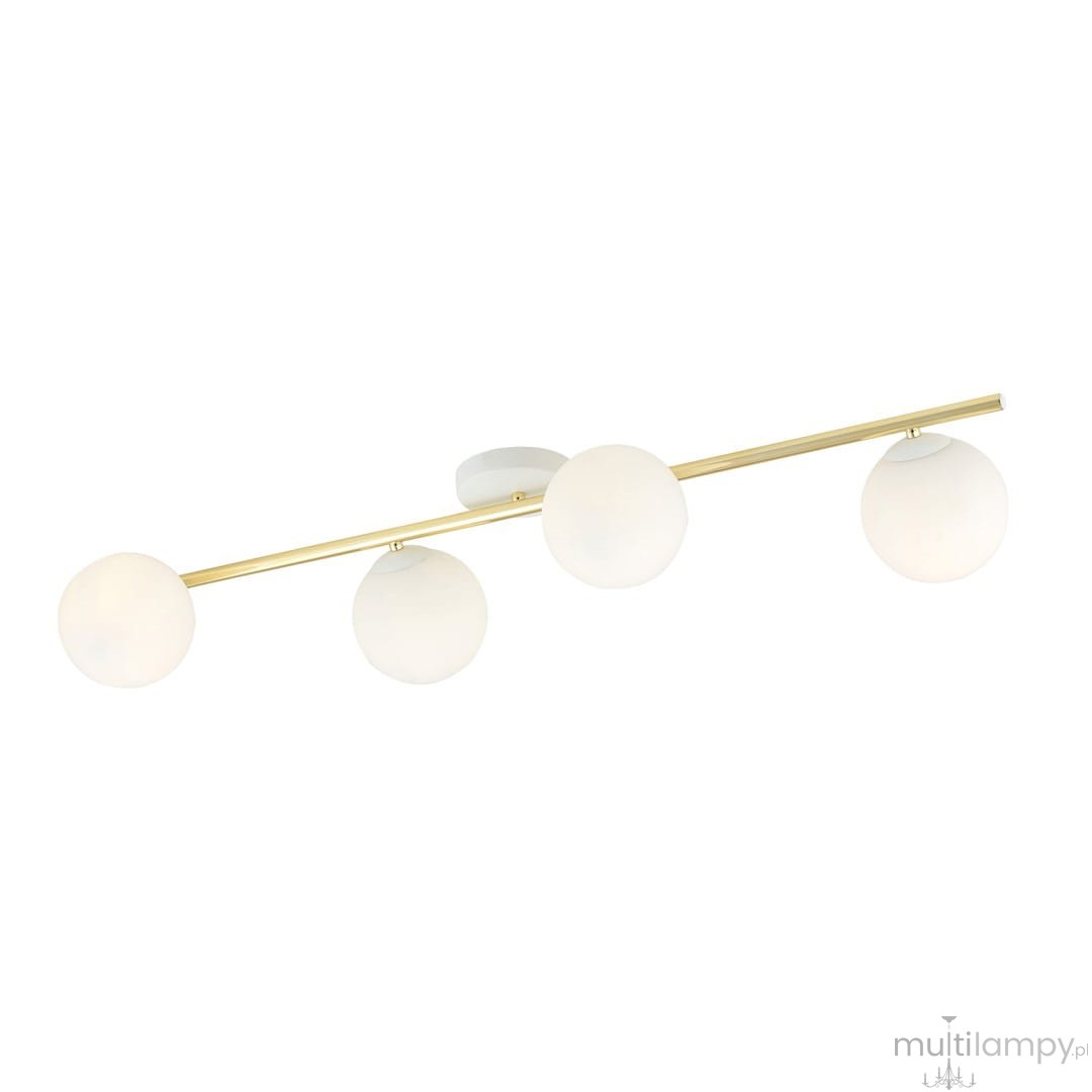Lampa sufitowa 4-punktowa w kolorze białym i złotym, z opalowymi kulami. Montowana na suficie, z prostą, metalową belką. Kule szklane, matowe, umieszczone na równych odstępach, w nowoczesnym stylu.