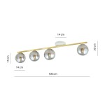 Lampa sufitowa Monza 4-punktowa w kolorze białym, złotym i grafitowym. Składa się z czterech szklanych kul o średnicy 14 cm, zamontowanych na złotej listwie o długości 100 cm. Wysokość lampy to 20 cm.
