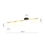 Czarna i złota lampa sufitowa Monza z czterema opalowymi kulami. Produkt ma długość 100 cm, wysokość 20 cm oraz średnicę kul 14 cm. Uchwyt montażowy w kolorze czarnym. Lampa zamontowana poziomo.