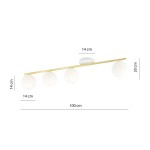 Lampa sufitowa Monza 4-punktowa w kolorze białym i złotym, z czterema okrągłymi opalowymi kloszami. Ułożona poziomo na złotej listwie, wymiary 100 cm długości, 20 cm wysokości, klosze o średnicy 14 cm. Montowana na suficie.