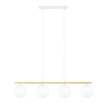Lampa wisząca Allora 4-punktowa w kolorze białym i złotym, z czterema opalowymi kulami. Zamontowana na prostokątnej, białej podstawie, zawieszona na dwóch cienkich linkach. Prosty, nowoczesny design, idealna do oświetlenia wnętrz.