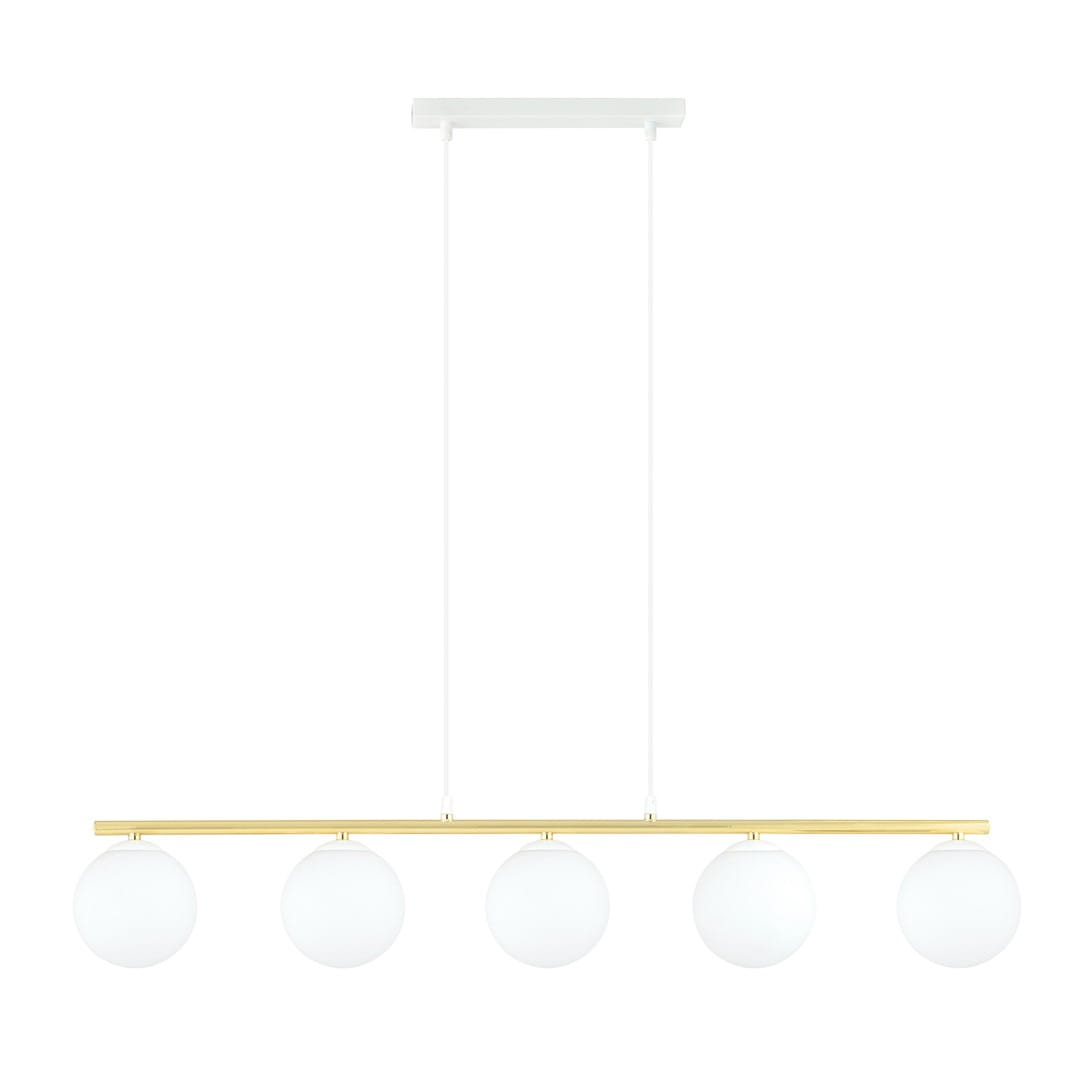 Lampa wisząca Allora 5-punktowa w kolorze białym i złotym, z pięcioma okrągłymi kloszami z opalowego szkła. Zawieszona na cienkich linkach, z prostokątnym, białym stelażem. Idealna do nowoczesnych wnętrz.