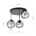 Czarna lampa sufitowa Dolce z trzema kulistymi kloszami w kolorze grafitowym i złotymi detalami. Wymiary: średnica 30 cm, wysokość 32 cm. Klosze o średnicy 14 cm zawieszone na złotych prętach. Prosta, nowoczesna forma, idealna do różnych wnętrz.