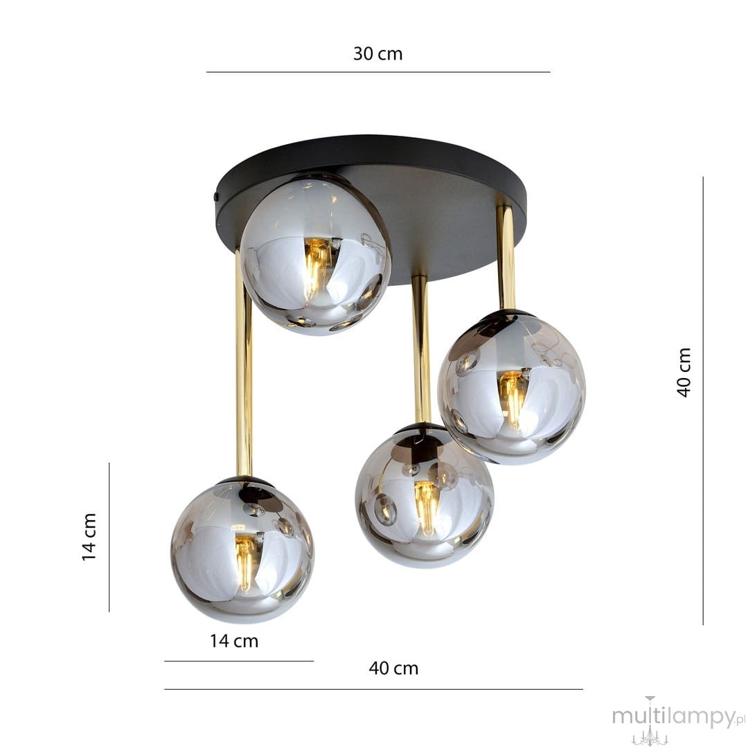Czarna lampa sufitowa 4-punktowa z metalowym stelażem w kolorze złotym i grafitowym. Posiada cztery okrągłe, błyszczące klosze o średnicy 14 cm, zawieszone na wysokości 40 cm. Wymiary podstawy: 30 cm.