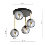 Czarna lampa sufitowa 4-punktowa z metalowym stelażem w kolorze złotym i grafitowym. Posiada cztery okrągłe, błyszczące klosze o średnicy 14 cm, zawieszone na wysokości 40 cm. Wymiary podstawy: 30 cm.