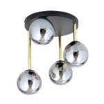 Czarna lampa sufitowa Dolce z czterema punktami świetlnymi, z okrągłym, matowym stelażem. Złote metalowe pręty łączą lustrzane klosze w kształcie kul. Lampa wisząca, montowana na suficie, idealna do nowoczesnych wnętrz.
