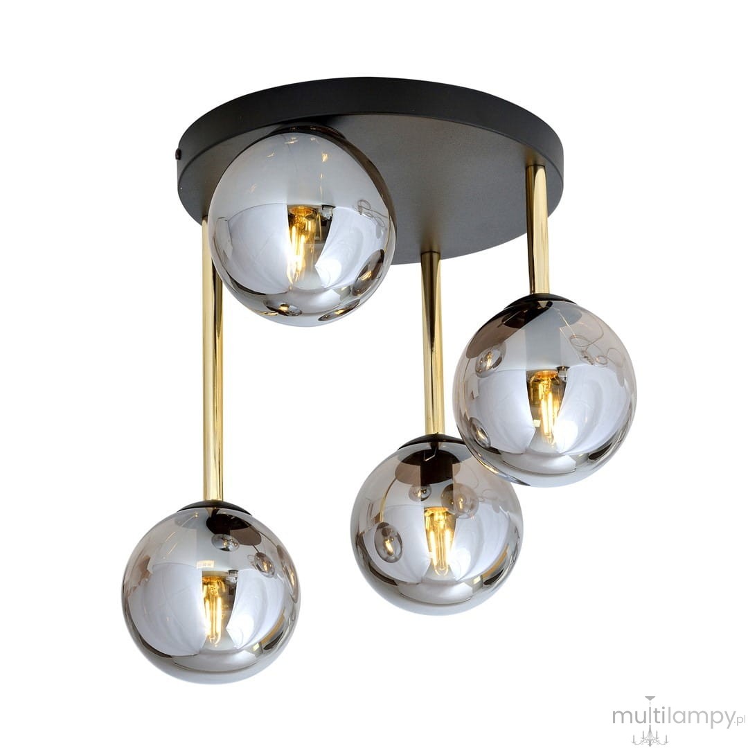 Czarna lampa sufitowa Dolce z czterema punktami świetlnymi, z metalowymi złotymi i grafitowymi detalami. Okrągła podsufitka z mocowaniami, wiszące, lustrzane kule z żarówkami, w nowoczesnym stylu. Idealna do aranżacji wnętrz.