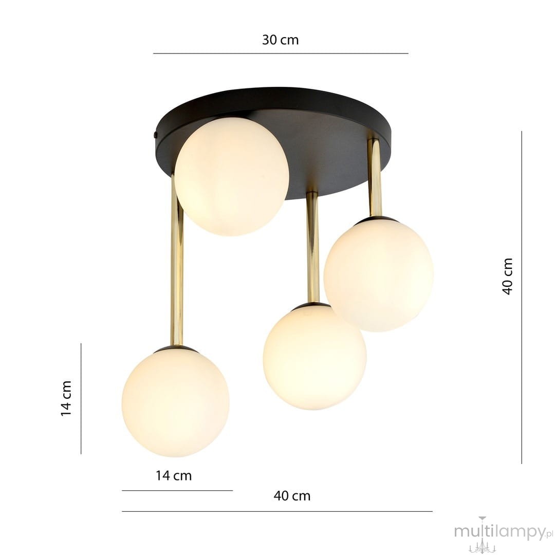 Czarna lampa sufitowa Dolce z czterema białymi, opalowymi kloszami, zawieszona na złotych rurkach. Wymiary: średnica 30 cm, wysokość 40 cm, odstęp od sufitu 14 cm. Prosta konstrukcja, idealna do nowoczesnych wnętrz.