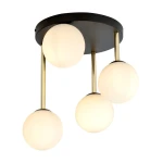Czarna sufitowa lampa 4-punktowa Dolce z opalowymi kulami, zawieszona na złotych rurkach. Okrągła podsufitka, cztery białe klosze, lekko wklęsłe, w równych odstępach. Idealna do nowoczesnych wnętrz.