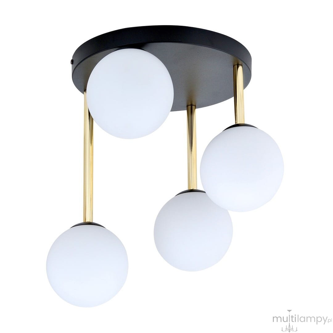 Czarna lampa sufitowa Dolce z czterema opalowymi kulami, zawieszona na złotych prętach. Okrągła podsufitka, minimalistyczny design, idealna do nowoczesnych wnętrz. Wysokość lampy podkreśla elegancję i styl.