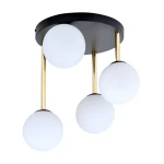 Czarna lampa sufitowa Dolce z czterema opalowymi kulami, zawieszona na złotych prętach. Okrągła podsufitka, minimalistyczny design, idealna do nowoczesnych wnętrz. Wysokość lampy podkreśla elegancję i styl.