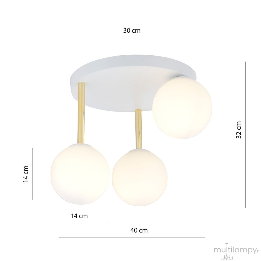 Lampa sufitowa Dolce 3-punktowa w kolorach białym i złotym. Składa się z trzech kulistych kloszy opalowych zawieszonych na złotych prętach. Sufitowa, okrągła podstawa biała, wymiary: średnica 30 cm, wysokość 32 cm, odległość między kloszami 14 cm.