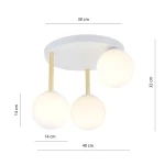 Lampa sufitowa Dolce 3-punktowa w kolorach białym i złotym. Składa się z trzech kulistych kloszy opalowych zawieszonych na złotych prętach. Sufitowa, okrągła podstawa biała, wymiary: średnica 30 cm, wysokość 32 cm, odległość między kloszami 14 cm.