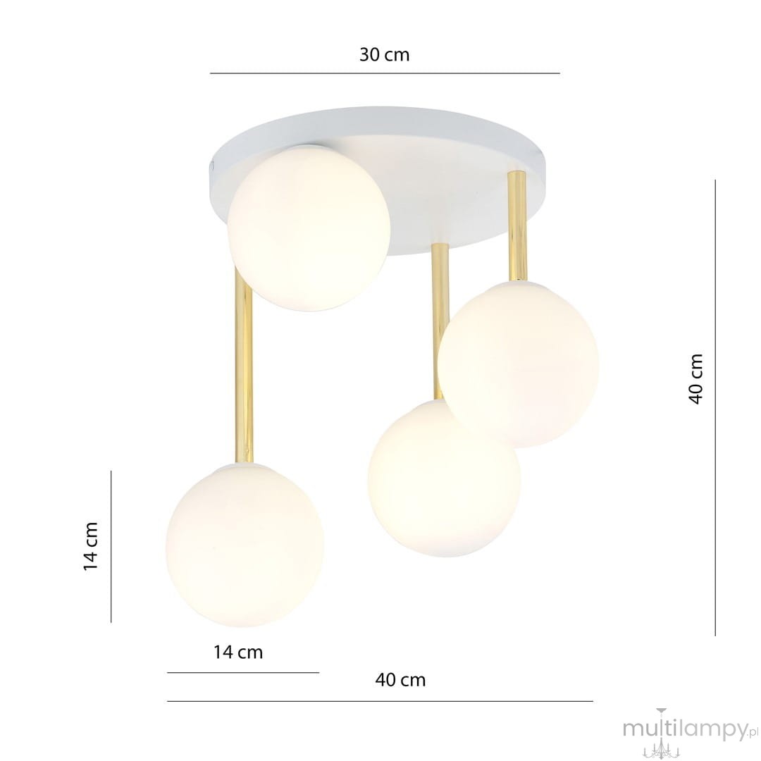 Lampa sufitowa Dolce 4-punktowa w kolorze białym i złotym. Składa się z czterech opalowych kul zawieszonych na złotych prętach, montowana na okrągłej, białej podstawie. Wymiary: 30 cm średnicy, wysokość 40 cm.