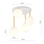 Lampa sufitowa Dolce 4-punktowa w kolorze białym i złotym. Składa się z czterech opalowych kul zawieszonych na złotych prętach, montowana na okrągłej, białej podstawie. Wymiary: 30 cm średnicy, wysokość 40 cm.