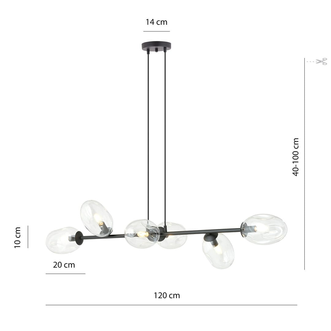 Lampa wisząca Pandora 6-punktowa w kolorze czarnym z transparentnymi kloszami. Wymiary: długość 120 cm, regulacja wysokości 40-100 cm. Klosze w owalnym kształcie, zamocowane na poziomej rurze. Całość zawieszona na dwóch smukłych linkach.