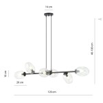 Lampa wisząca Pandora 6-punktowa w kolorze czarnym z transparentnymi kloszami. Wymiary: długość 120 cm, regulacja wysokości 40-100 cm. Klosze w owalnym kształcie, zamocowane na poziomej rurze. Całość zawieszona na dwóch smukłych linkach.