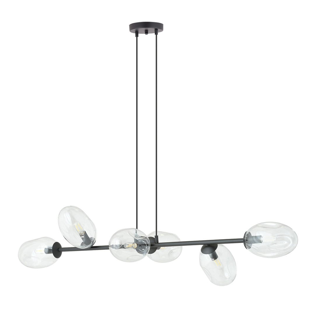 Lampa wisząca Pandora 6-punktowa w kolorze czarnym z transparentnymi kloszami. Posiada sześć żarówek umieszczonych na poziomej rurze, zawieszona na dwóch czarnych linkach. Nowoczesny design, idealna do przestrzeni mieszkalnych.