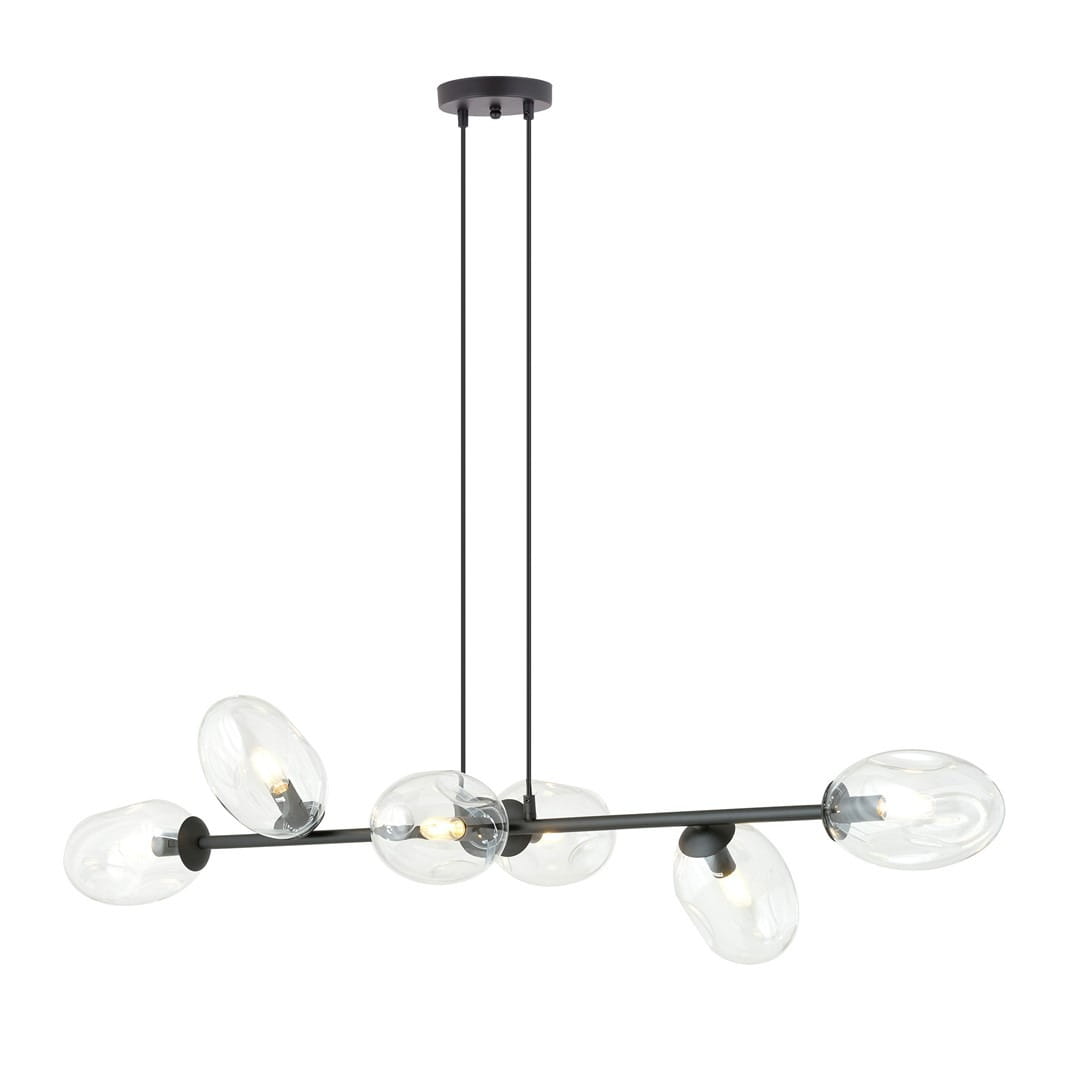 Lampa wisząca Pandora 6-punktowa, czarna z transparentnymi kloszami. Posiada sześć okrągłych kloszy w kształcie kropli, umieszczonych na metalowej konstrukcji. Ujęcie z boku, zawieszona na dwóch kablach. Prosta forma, idealna do nowoczesnych wnętrz.