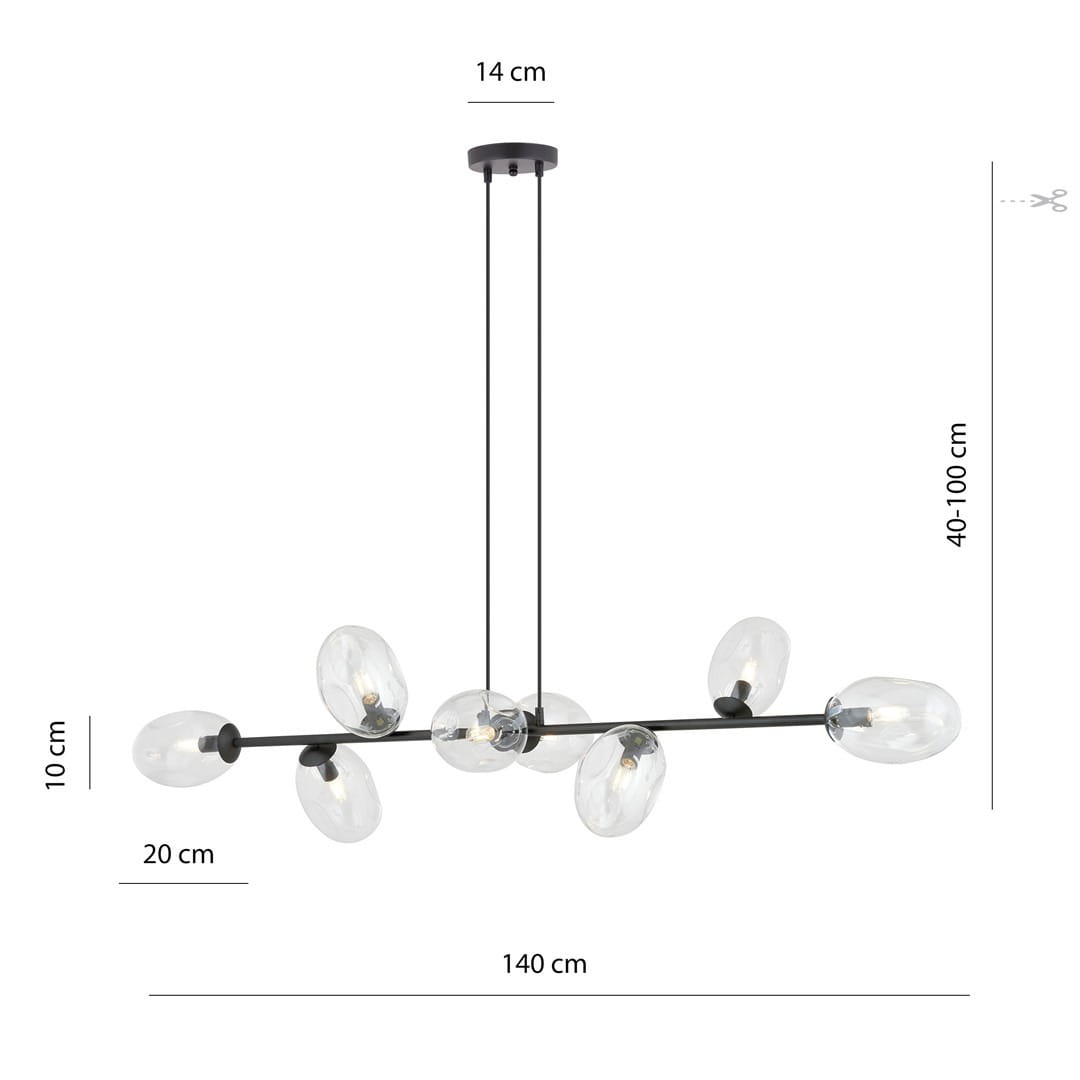 Lampa wisząca Pandora 8-punktowa w kolorze czarnym i transparentnym. Posiada osiem przezroczystych kloszy w kształcie owalnym, zawieszonych na cienkich linkach. Wymiary: długość 140 cm, wysokość regulowana (40-100 cm), szerokość 20 cm, głębokość 10 cm.