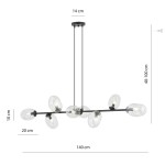 Lampa wisząca Pandora 8-punktowa w kolorze czarnym i transparentnym. Posiada osiem przezroczystych kloszy w kształcie owalnym, zawieszonych na cienkich linkach. Wymiary: długość 140 cm, wysokość regulowana (40-100 cm), szerokość 20 cm, głębokość 10 cm.