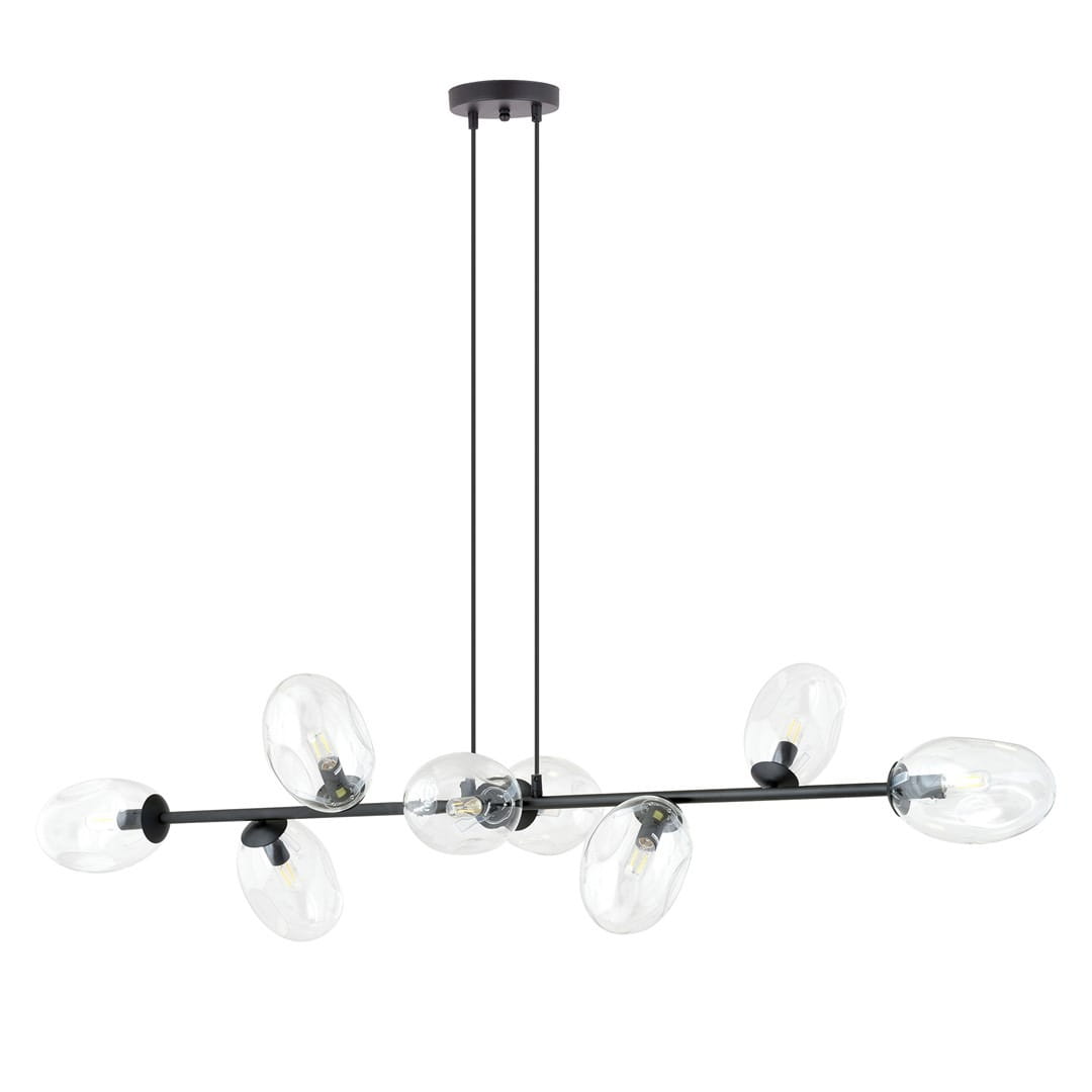 Lampa wisząca Pandora 8-punktowa w kolorze czarnym i przezroczystym. Posiada osiem szklanych kloszy w kształcie owalnym na czarnym stelażu, zawieszona na dwóch cienkich linkach. Idealna do nowoczesnych wnętrz.