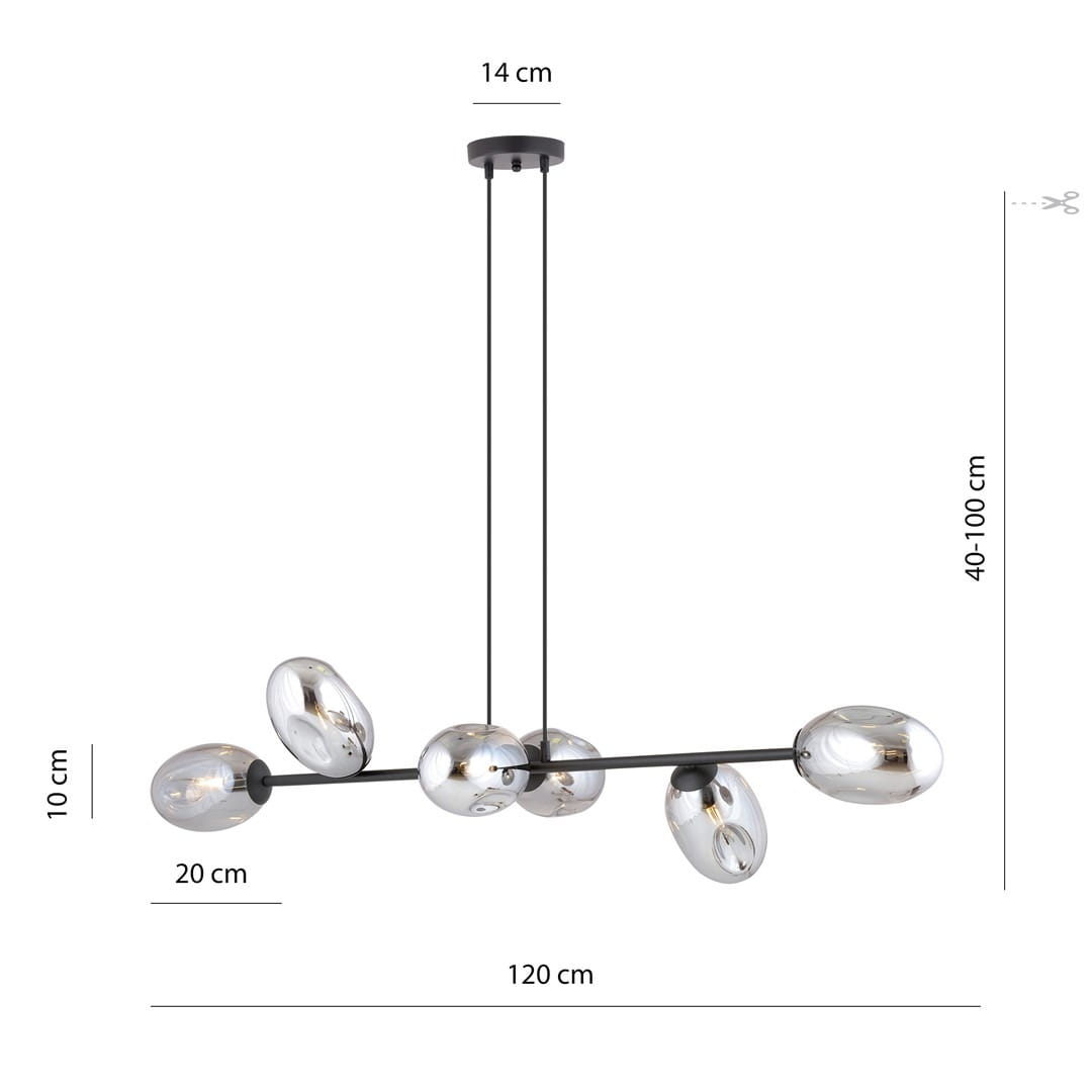Lampa wisząca Pandora 6-punktowa w kolorze czarnym i grafitowym. Posiada sześć szklanych kloszy w kształcie owalnym, zawieszona na cienkich linkach. Wymiary: długość 120 cm, wysokość regulowana 40-100 cm, średnica podsufitki 14 cm.