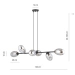 Lampa wisząca Pandora 6-punktowa w kolorze czarnym i grafitowym. Posiada sześć szklanych kloszy w kształcie owalnym, zawieszona na cienkich linkach. Wymiary: długość 120 cm, wysokość regulowana 40-100 cm, średnica podsufitki 14 cm.