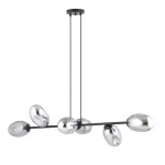Lampa wisząca Pandora 6-punktowa w kolorze czarnym i grafitowym. Składa się z sześciu owalnych kloszy w metalicznym wykończeniu, zawieszonych na cienkich linkach. Produkt wisi w pozycji poziomej, tworząc nowoczesny element dekoracyjny.