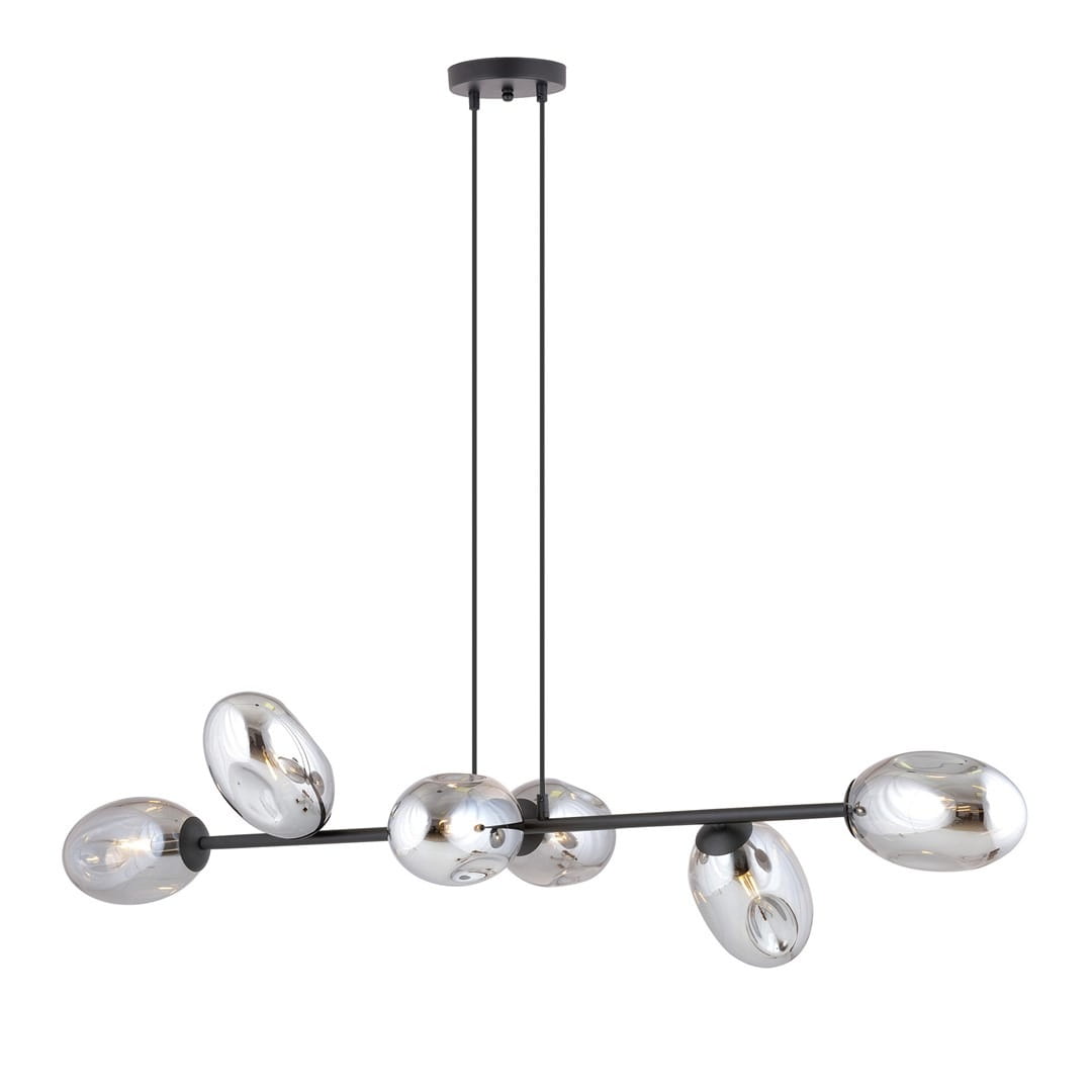 Lampa wisząca Pandora 6-punktowa w kolorze czarnym i grafitowym, z siedmioma szklanymi kloszami w kształcie owalnym. Ujęcie z boku, zawieszona na dwóch cienkich linkach, z eleganckim, minimalistycznym designem.