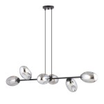 Lampa wisząca Pandora 6-punktowa w kolorze czarnym i grafitowym, z siedmioma szklanymi kloszami w kształcie owalnym. Ujęcie z boku, zawieszona na dwóch cienkich linkach, z eleganckim, minimalistycznym designem.