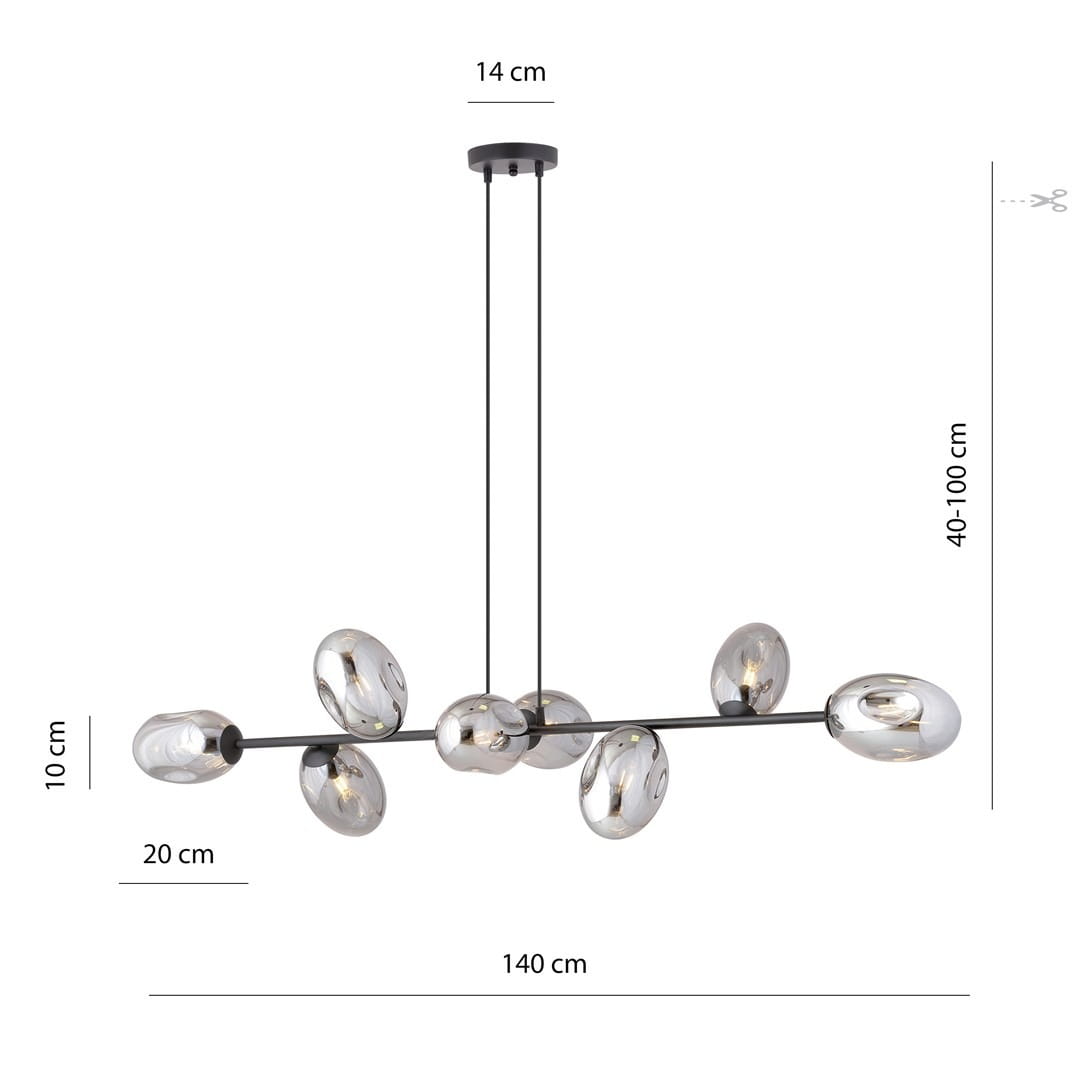 Lampa wisząca Pandora 8-punktowa w kolorze czarnym i grafitowym. Owalne klosze w metalicznym wykończeniu, zawieszona na dwóch linkach. Wymiary: długość 140 cm, wysokość regulowana od 40 do 100 cm, średnica podstawy 14 cm, wysokość 10 cm.