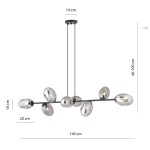 Lampa wisząca Pandora 8-punktowa w kolorze czarnym i grafitowym. Owalne klosze w metalicznym wykończeniu, zawieszona na dwóch linkach. Wymiary: długość 140 cm, wysokość regulowana od 40 do 100 cm, średnica podstawy 14 cm, wysokość 10 cm.