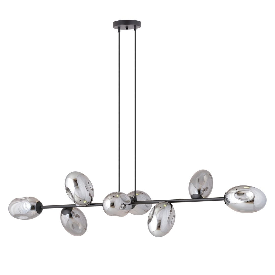 Lampa wisząca Pandora 8-punktowa w kolorze czarnym i grafitowym, z metalowymi kloszami w kształcie owalnym. Produkt zawieszony na dwóch cienkich linkach, z okrągłym stropem. Klosze refleksyjnie odbijają światło, tworząc nowoczesny efekt wizualny.