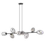 Lampa wisząca Pandora 8-punktowa w kolorze czarnym i grafitowym, z metalową konstrukcją i szklanymi kloszami w kształcie owalnym. Ujęcie z dołu, produkt zawieszony na dwóch cienkich linkach, widoczne żarówki wewnątrz kloszy.