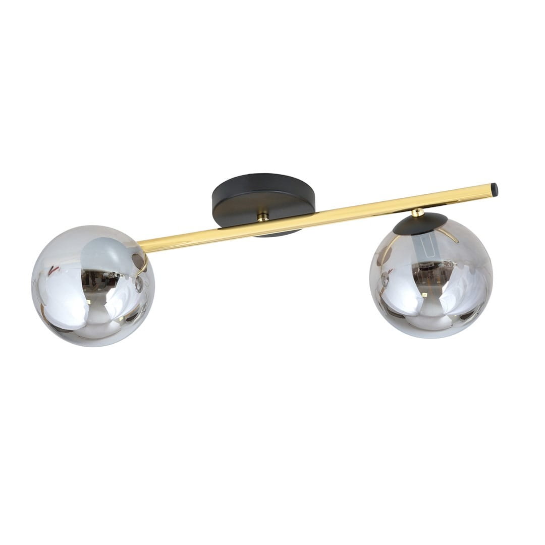 Lampa sufitowa Splendi 2-punktowa w kolorze czarnym, złotym i grafitowym. Posiada dwa metalowe klosze w kształcie kul o połyskującej powierzchni, umieszczone na poziomej, złotej rurce. Montaż na płaskim, czarnym stelażu.