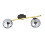 Lampa sufitowa Splendi 2-punktowa w kolorze czarnym, złotym i grafitowym. Posiada dwa metalowe klosze w kształcie kul o połyskującej powierzchni, umieszczone na poziomej, złotej rurce. Montaż na płaskim, czarnym stelażu.