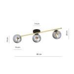 Lampa sufitowa 3-punktowa w kolorze czarnym, złotym i grafitowym, z trzema kulistymi kloszami o średnicy 14 cm, zawieszona na cienkiej złotej rurze. Wymiary: długość 80 cm, wysokość 20 cm. Ujęcie frontalne, ukazujące wszystkie detale i proporcje.