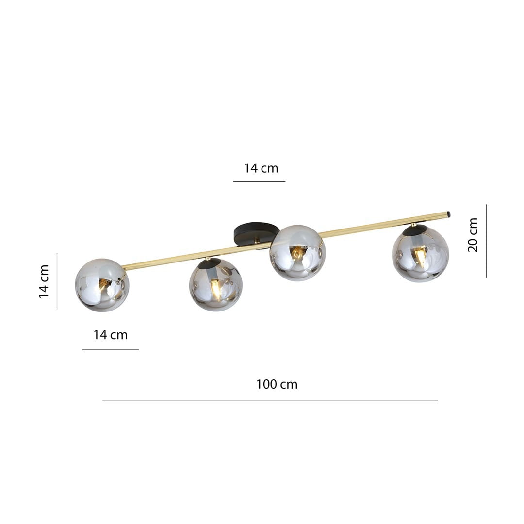 Czarna lampa sufitowa 4-punktowa Splendi z metalowym, złotym uchwytem i czterema szklanymi kloszami o średnicy 14 cm. Ułożona poziomo, z wymiarami 100 cm długości i 20 cm wysokości, idealna do nowoczesnych wnętrz.