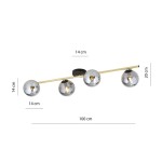 Czarna lampa sufitowa 4-punktowa Splendi z metalowym, złotym uchwytem i czterema szklanymi kloszami o średnicy 14 cm. Ułożona poziomo, z wymiarami 100 cm długości i 20 cm wysokości, idealna do nowoczesnych wnętrz.