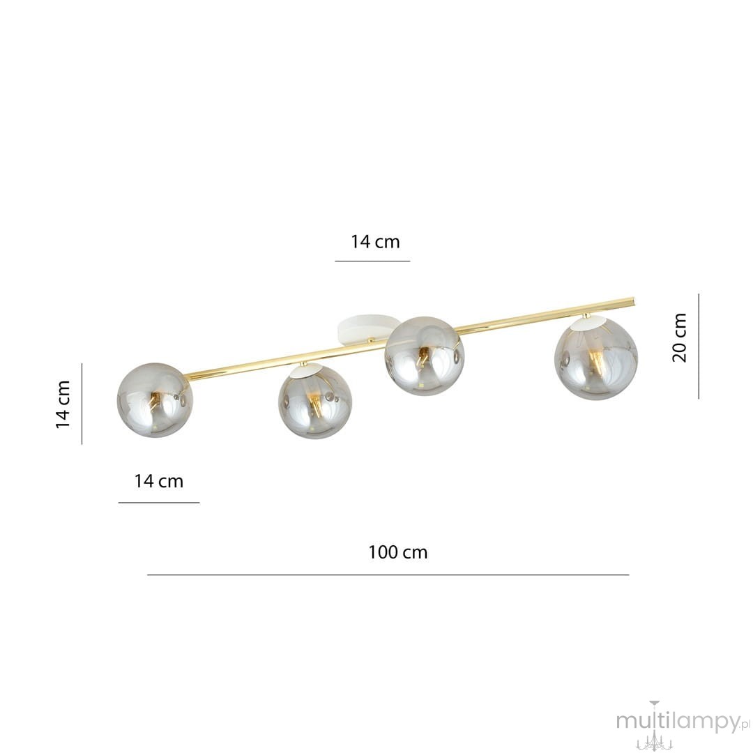 Lampa sufitowa 4-punktowa Splendi w kolorze białym, złotym i grafitowym. Cztery okrągłe klosze o średnicy 14 cm zawieszone na prostokątnej, złotej belce o długości 100 cm. Wymiary: 20 cm wysokości, montaż do sufitu.