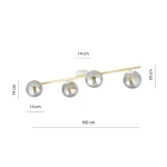 Lampa sufitowa 4-punktowa Splendi w kolorze białym, złotym i grafitowym. Cztery okrągłe klosze o średnicy 14 cm zawieszone na prostokątnej, złotej belce o długości 100 cm. Wymiary: 20 cm wysokości, montaż do sufitu.