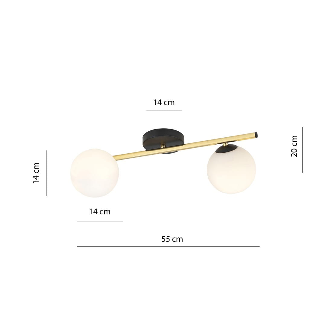 Lampa sufitowa 2-punktowa Splendi w kolorze czarnym i złotym z opalowymi kulami. Ułożona poziomo, z dwiema kulami o średnicy 14 cm, zamocowana na centralnej podstawie. Wymiary: długość 55 cm, wysokość 20 cm, głębokość 14 cm.