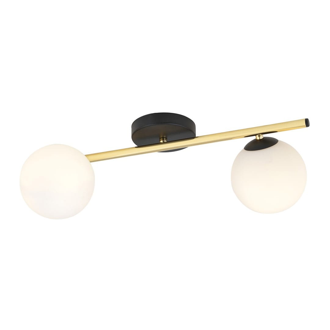 Lampa sufitowa Splendi 2-punktowa w kolorze czarnym i złotym, z opalowymi kulistymi kloszami. Ułożona poziomo, z dwiema białymi kulami na złotej rurce. Metalowa podstawa czarna, minimalistyczny design.