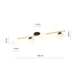 Lampa sufitowa Splendi 4-punktowa w kolorze czarnym i złotym, z białymi opalowymi kulami. Wymiary: długość 100 cm, wysokość 20 cm, średnica kul 14 cm. Ujęcie frontalne, produkt zamontowany na suficie.