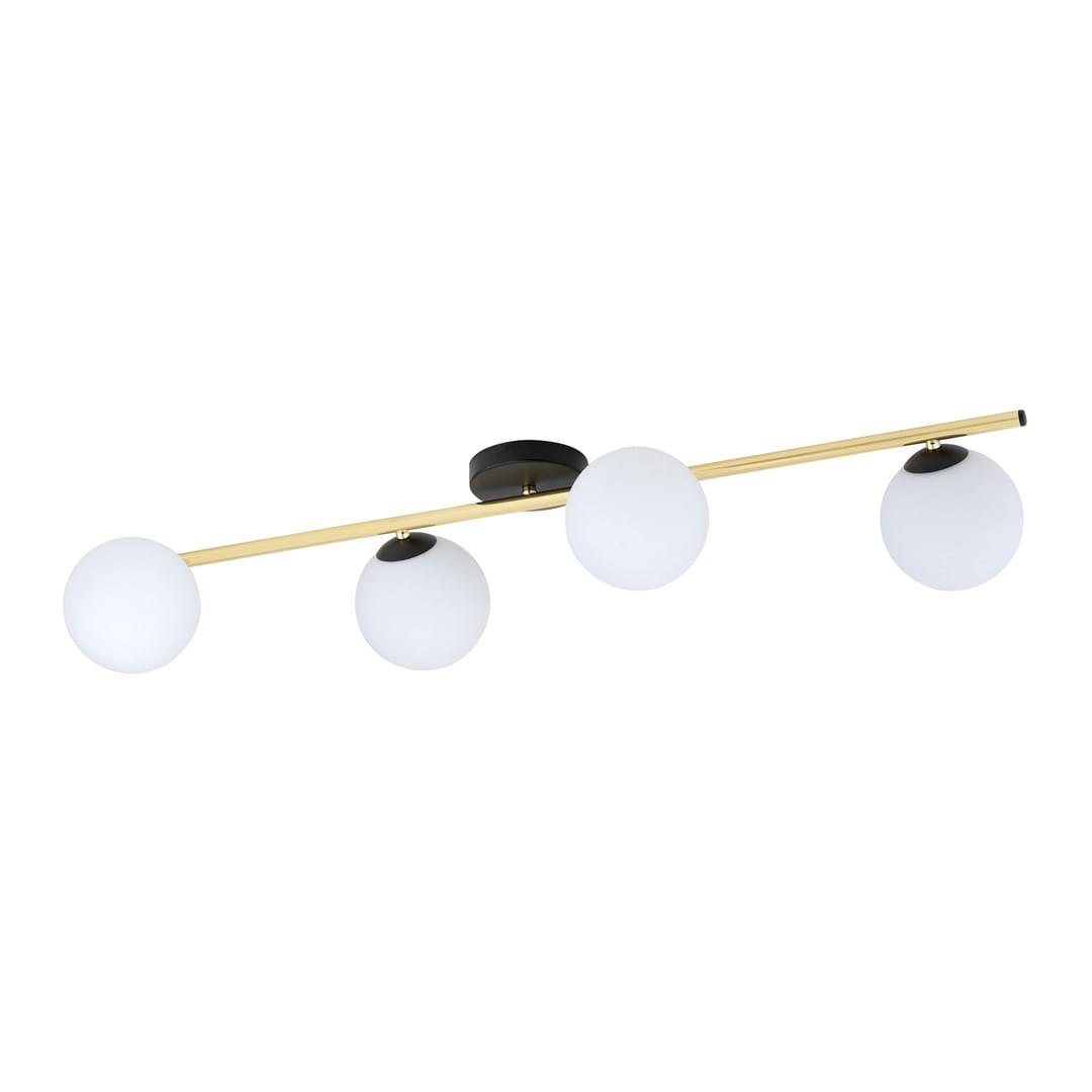 Lampa sufitowa 4-punktowa Splendi w kolorze czarnym i złotym, z opalowymi kloszami. Ułożona poziomo z czterema okrągłymi, mlecznymi kloszami. Metalowa konstrukcja z cienką, prostą rurą, zamocowana do sufitu.