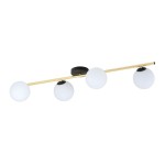 Lampa sufitowa 4-punktowa Splendi w kolorze czarnym i złotym, z opalowymi kloszami. Ułożona poziomo z czterema okrągłymi, mlecznymi kloszami. Metalowa konstrukcja z cienką, prostą rurą, zamocowana do sufitu.