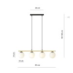 Lampa wisząca Allora 4-punktowa w kolorze czarnym i złotym z opalowymi kloszami. Wymiary: szerokość 85 cm, wysokość 14 cm. Zawieszona na dwóch czarnych przewodach, regulowana wysokość od 40 do 100 cm. Prosty, nowoczesny design.
