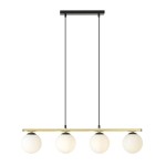 Czarna lampa wisząca Allora z czterema punktami świetlnymi. Posiada złotą, prostą belkę oraz trzy opalowe, kuliste klosze. Zawieszona na dwóch cienkich linkach, prezentuje nowoczesny design z minimalistycznym akcentem.